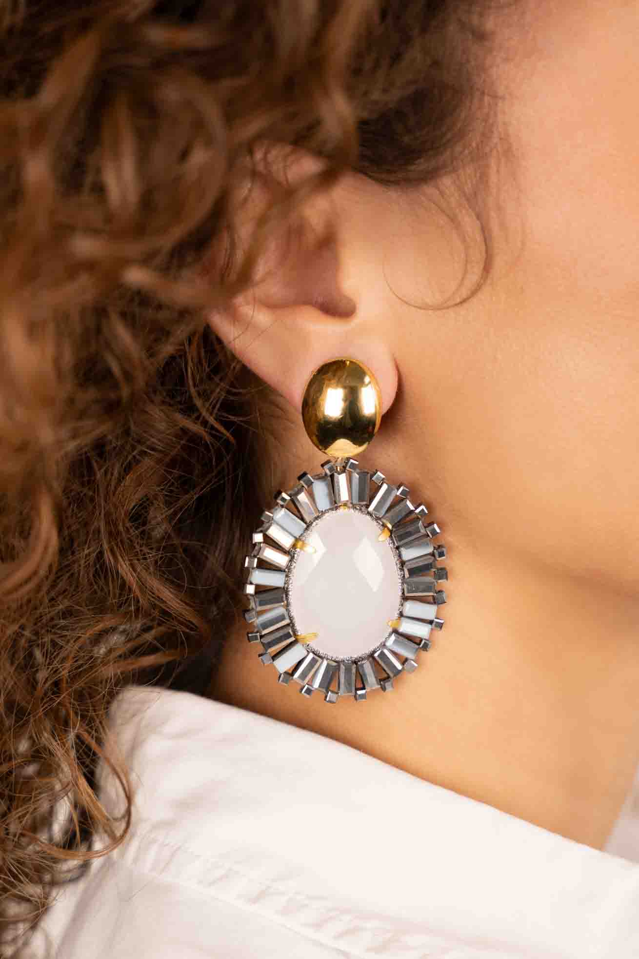 Silver White Earrings Esmee Teardrop M Stone