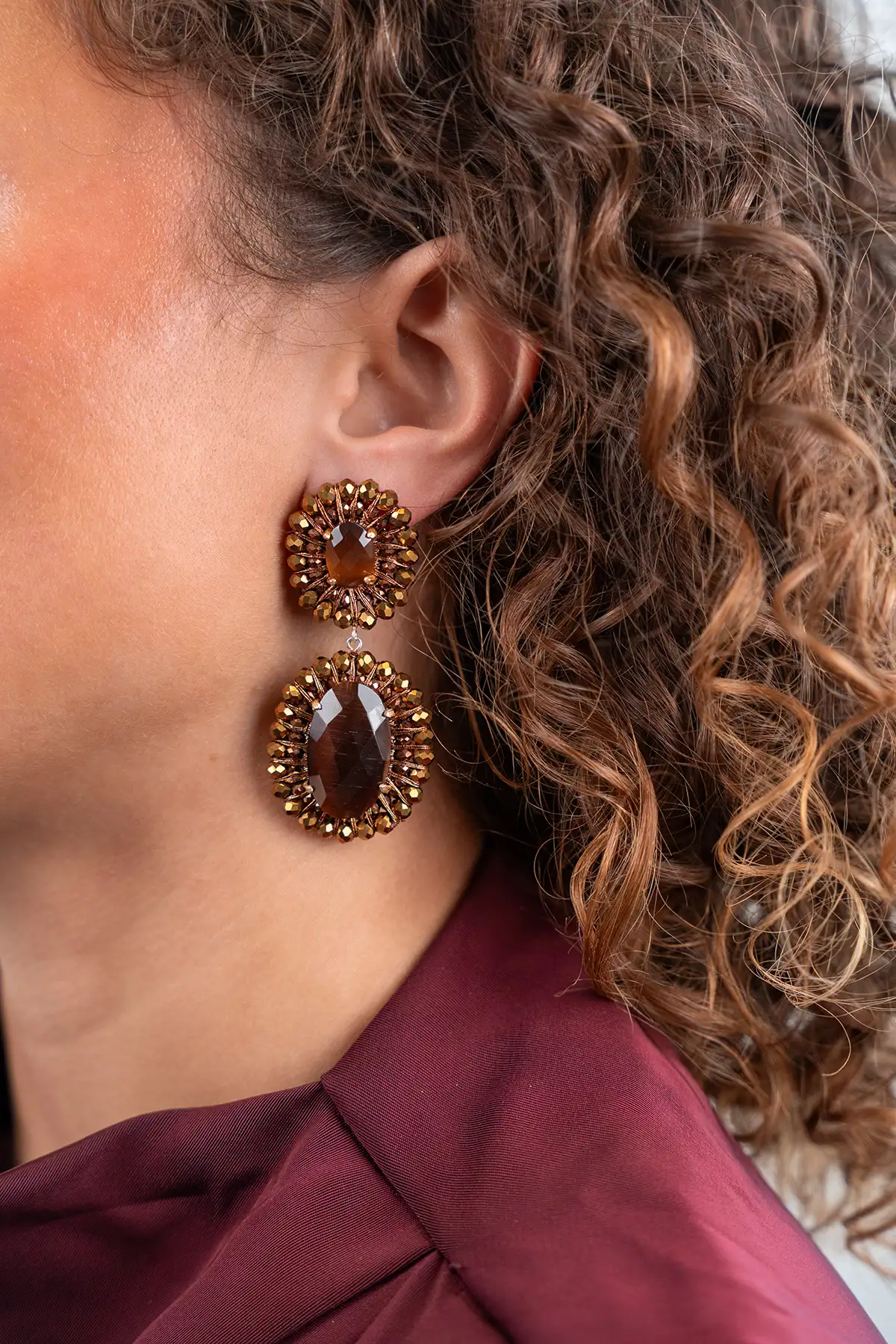 Koperen Oorbellen Double Beaded Oval