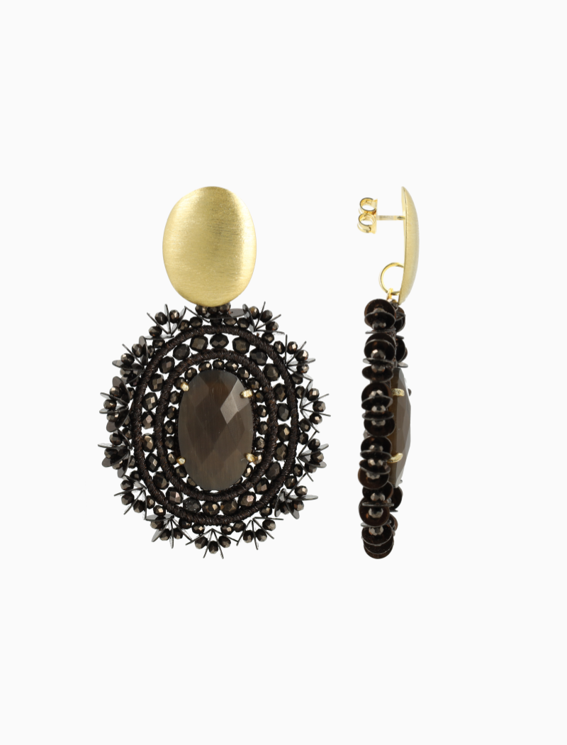Metallic Brown Earring Silk Filled Oval with Sequins L