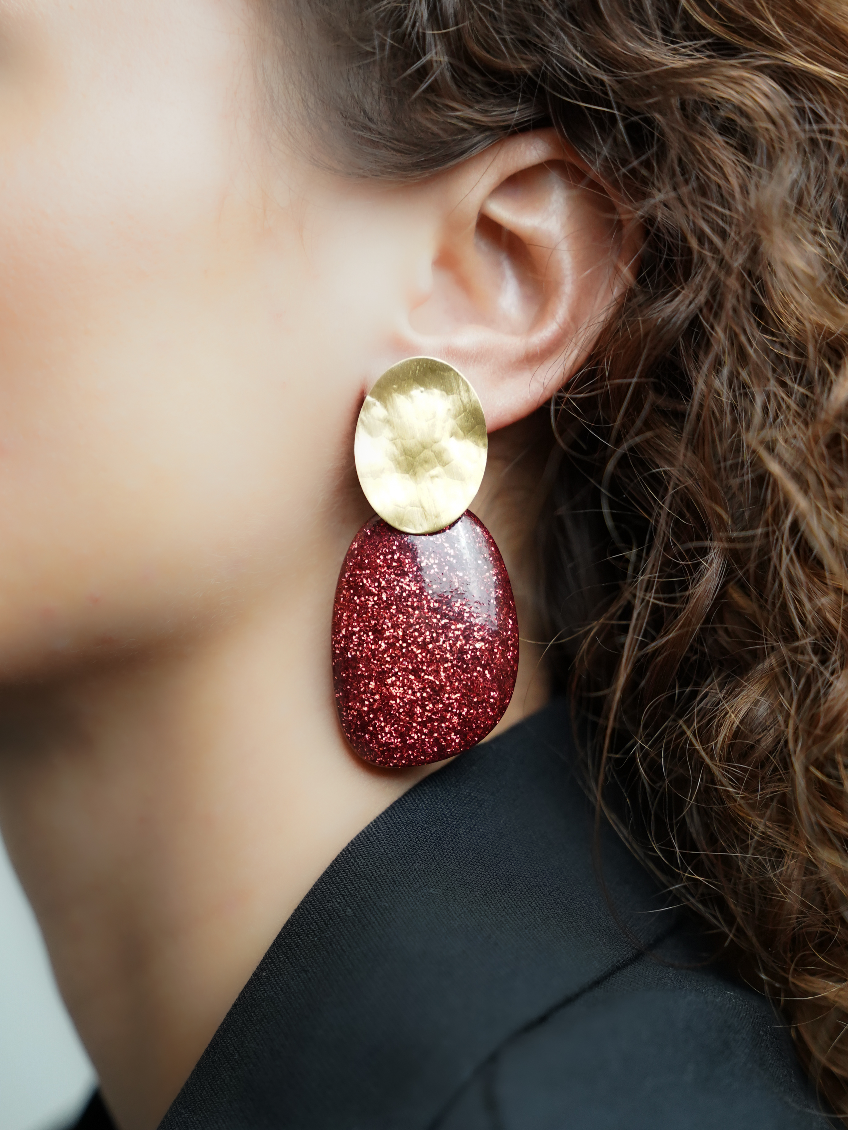 Red Glitter Earrings Aurora Oval L