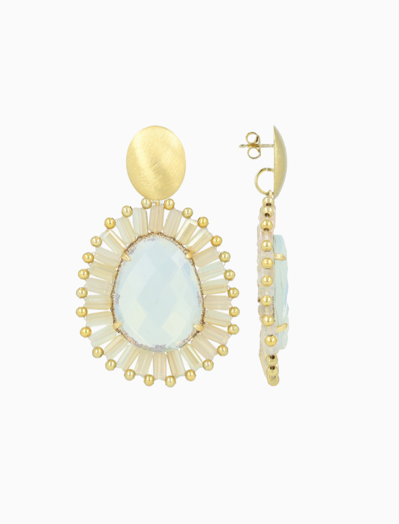 Frosty Witgouden Ovale Oorbellen Esmee Met Flat Beads en Steen M