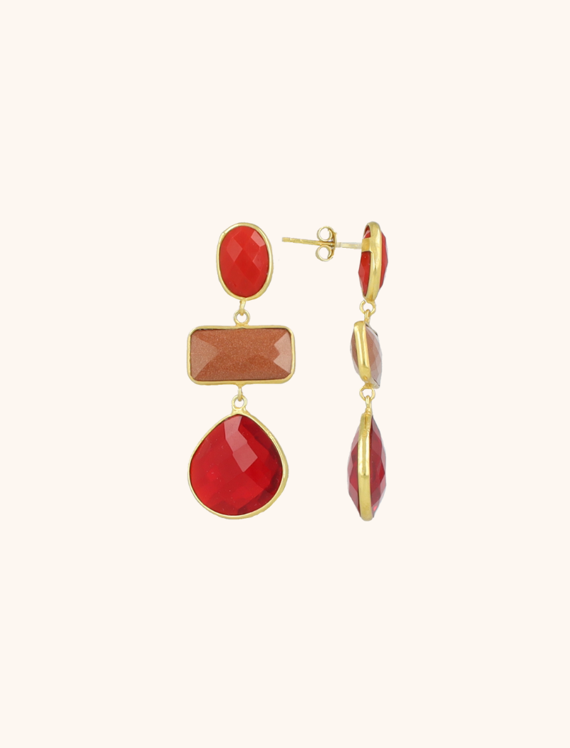 Red Earrings Triple Shapes Lune