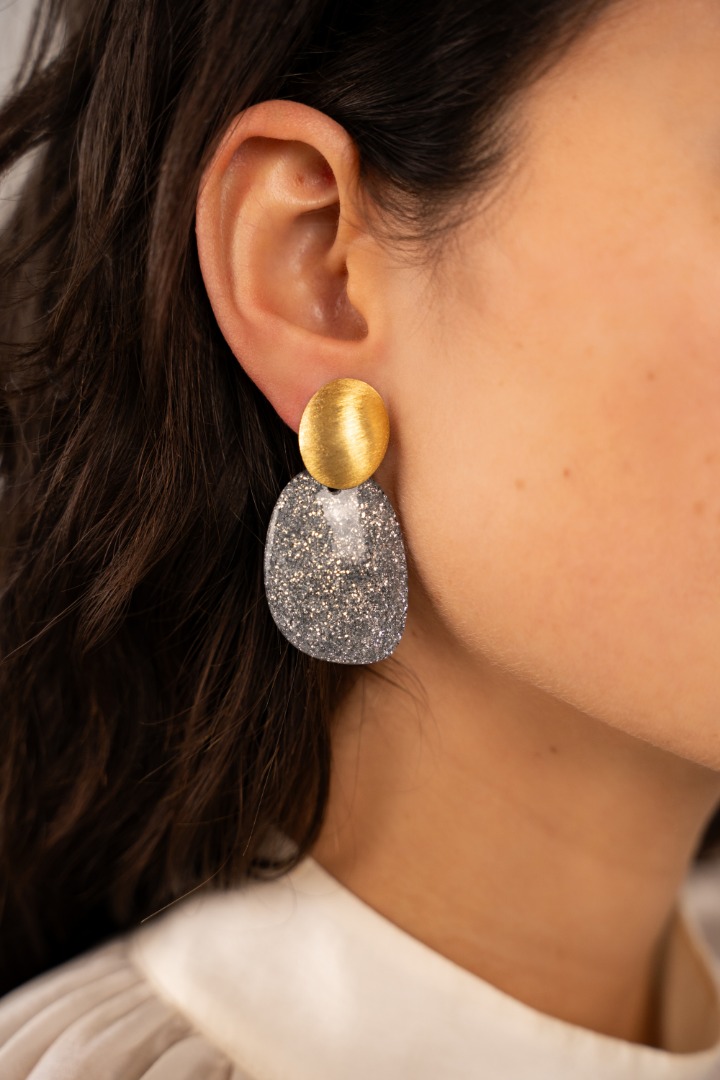 Silver Glitter Earrings Little Sara Asymmetrical Oval S