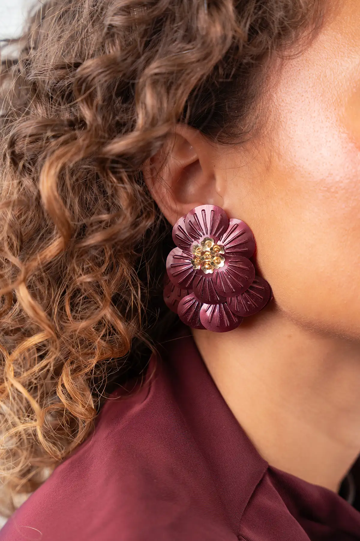 Bordeaux Rode Oorbellen Fan Flower Flora