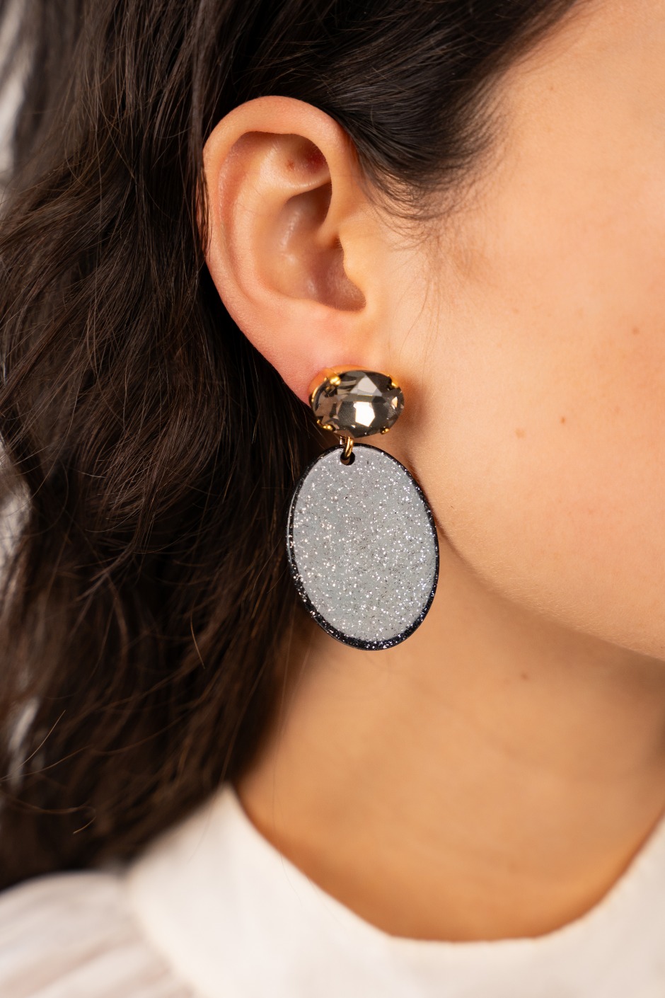 Black Glitter Earrings Celia Rhinestone Oval S