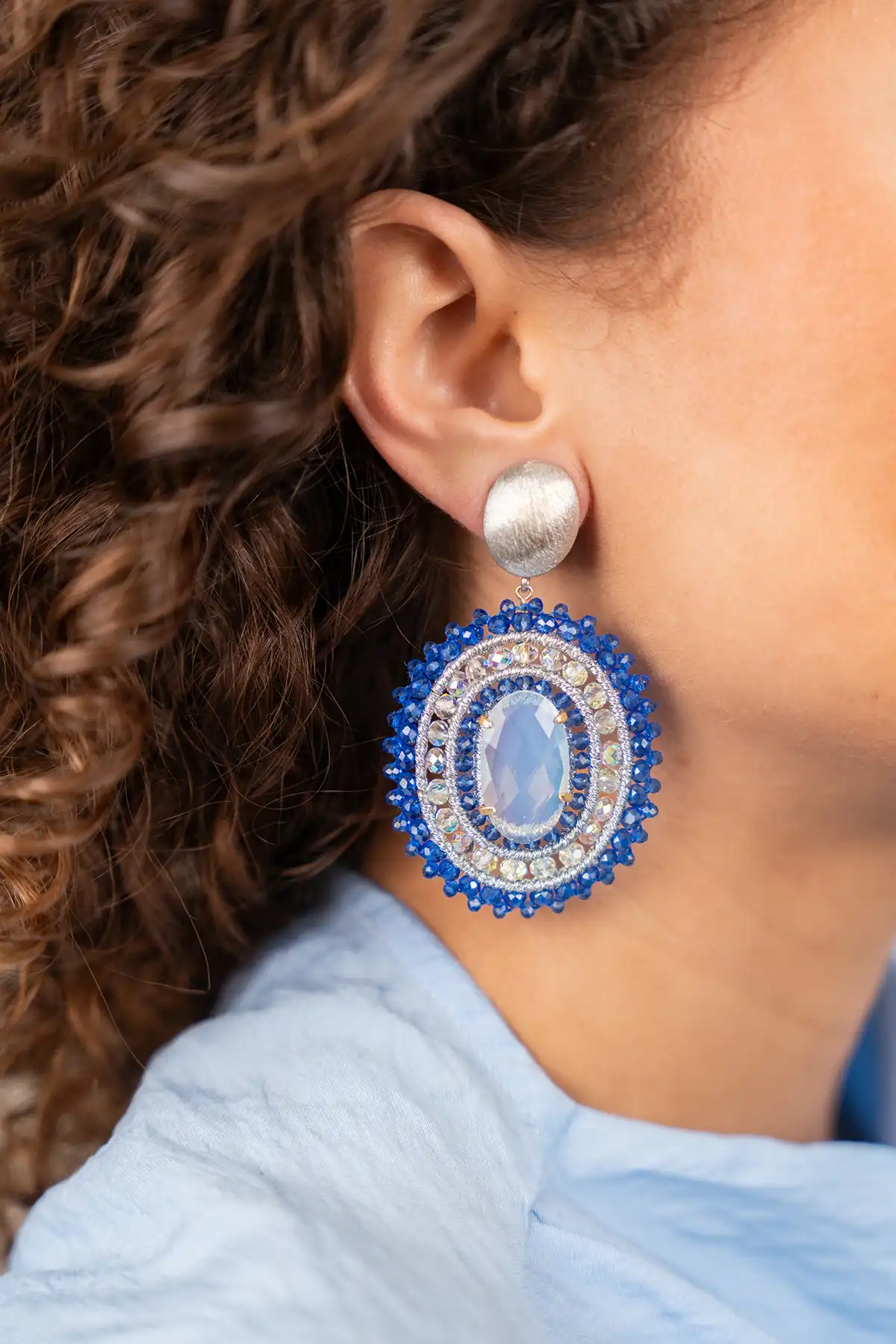 Blauwe Oorbellen Jamie Filled Oval 3 Rings w/ Stone L Clip