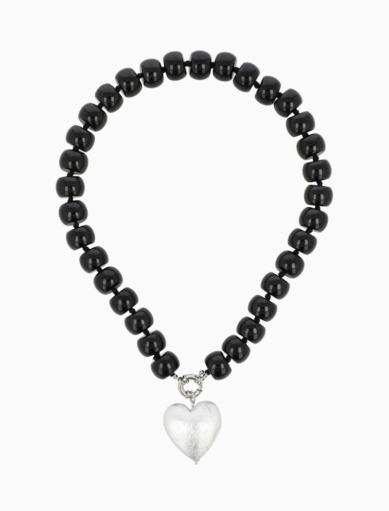 Black Necklace With Roundel Stones And Heart