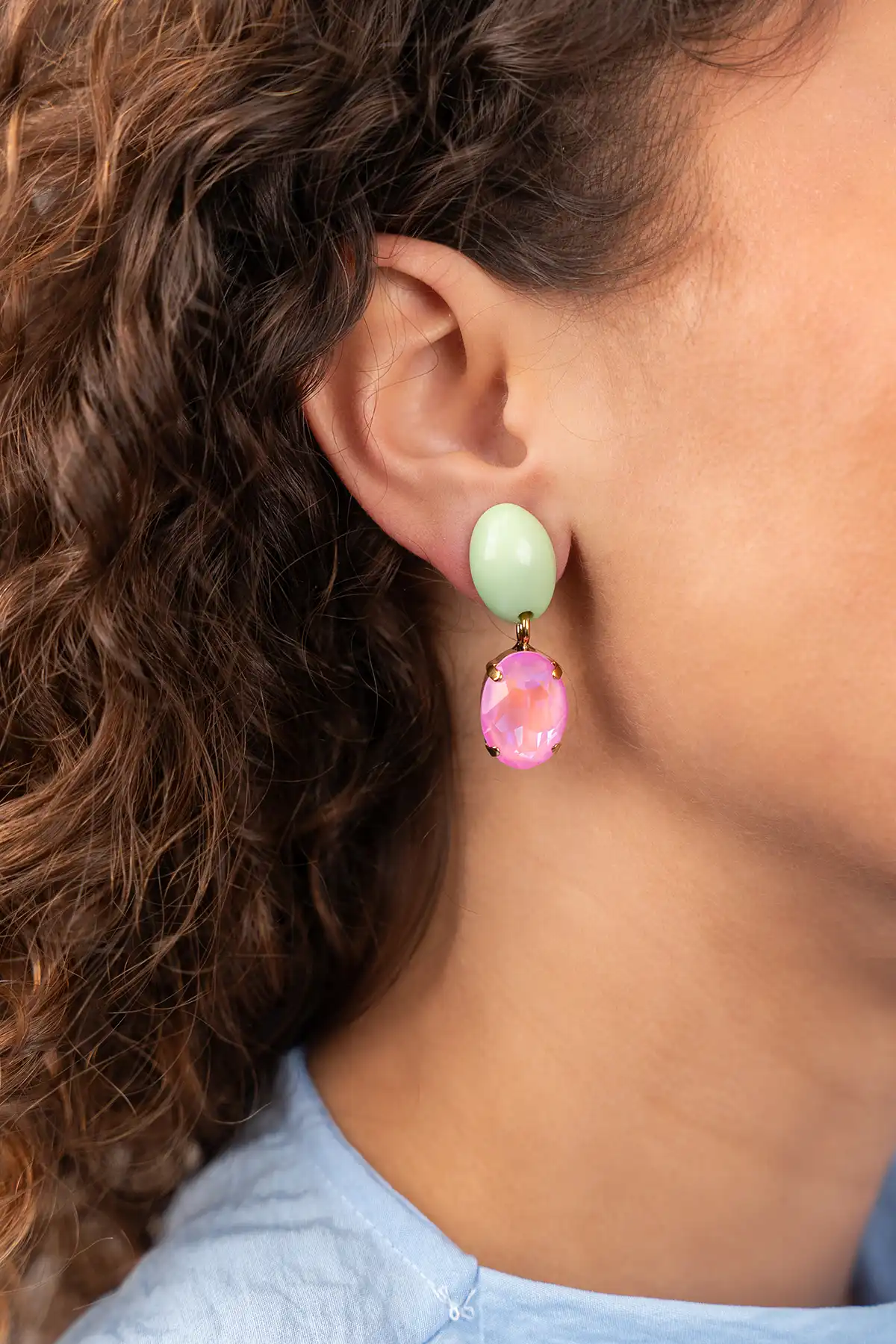 Roze Oorbellen Indy Oval Strass Pendant M