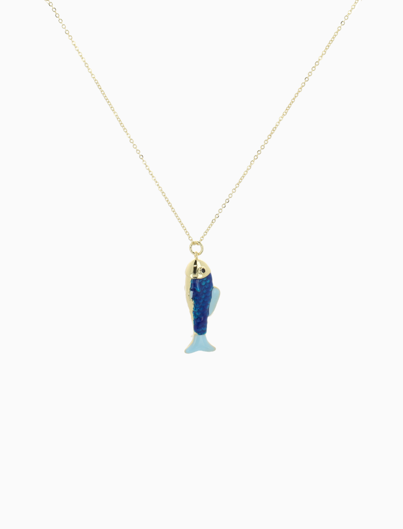 Gold Colored Necklace Charm Fish Blue Light Blue M