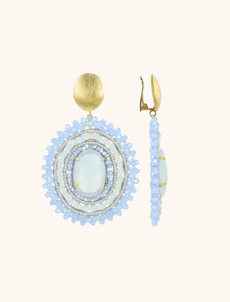 Shiny Frosty Blue Earrings Jamie Filled Oval 3 Rings with Stone L Clip