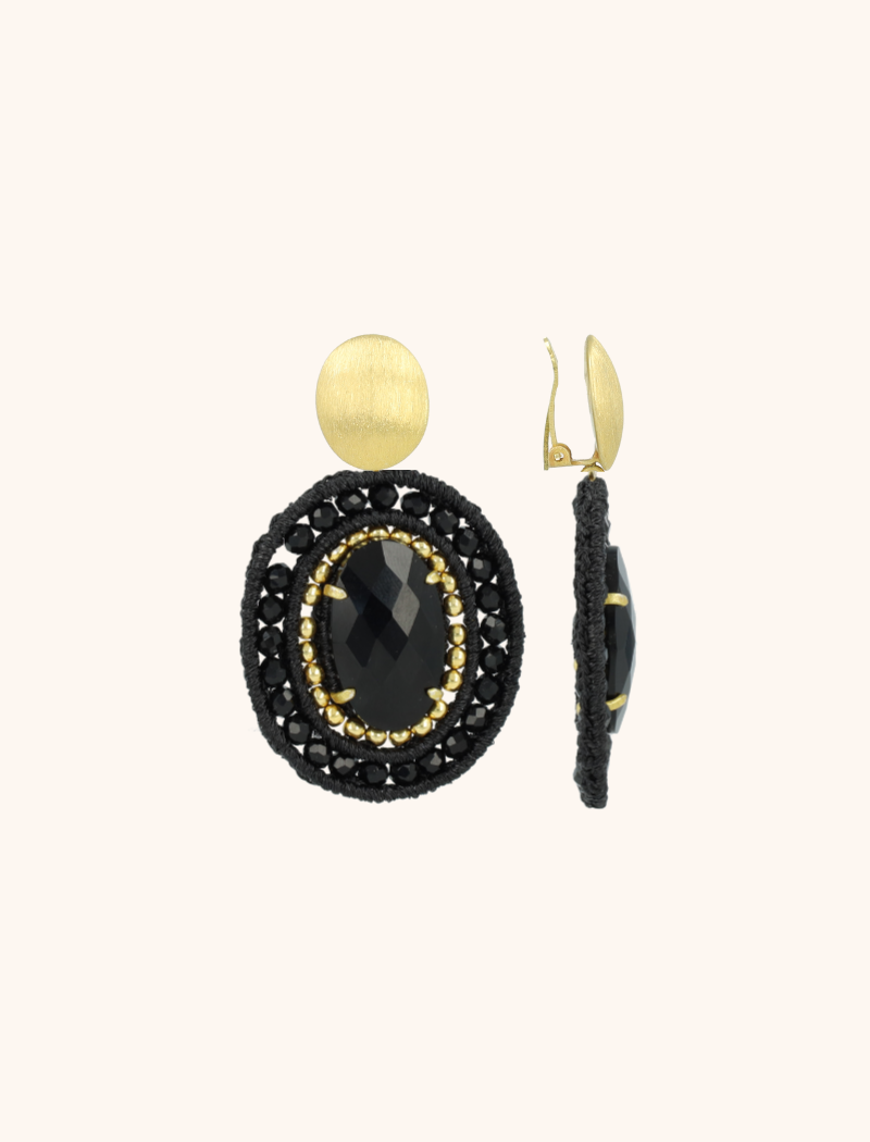 Schwarzer Ohrring Belle Oval L mit Stein Clip