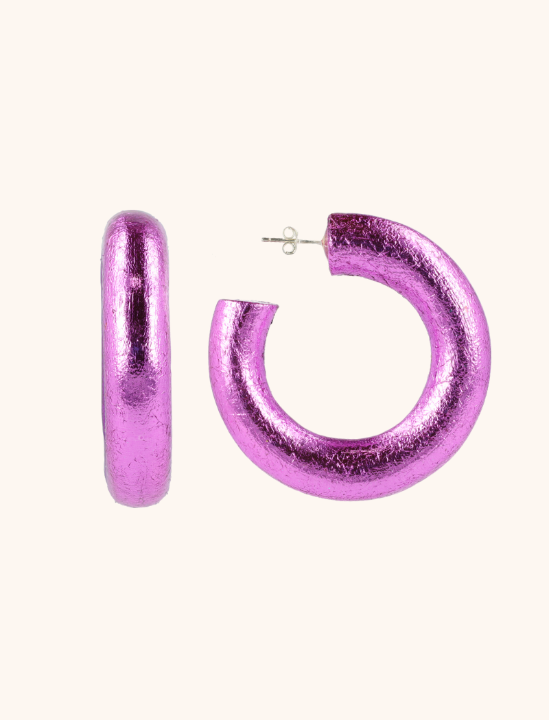 Wooden Earrings Whip Creole L Metallic Pink