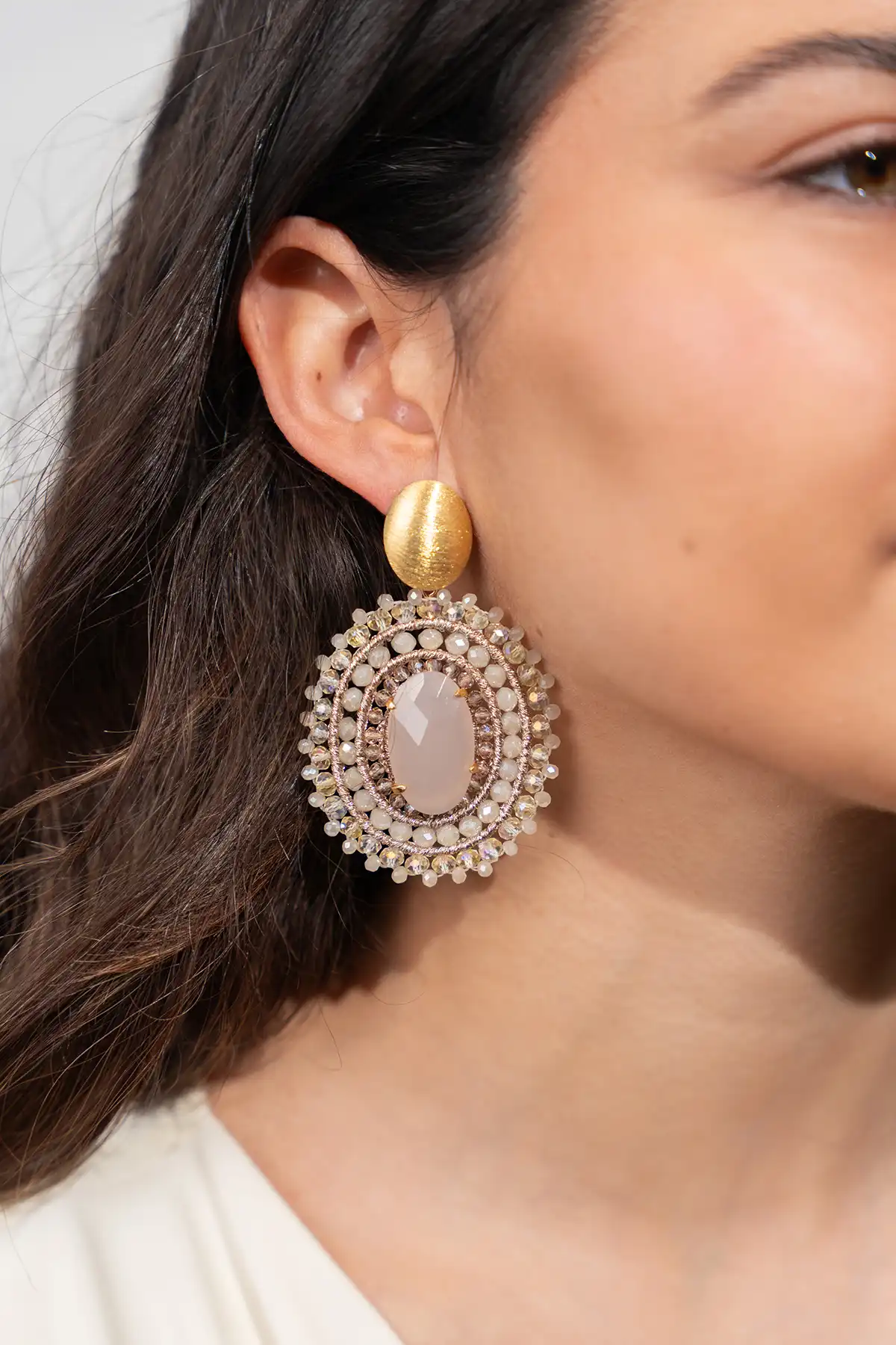 Warm Beige Oorbellen Jamie Filled Oval 3 Rings w/ Stone L