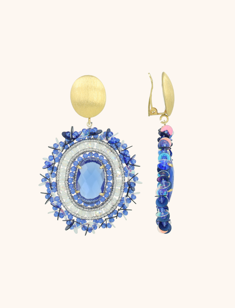 Blauwe Oorbellen Venna Filled Oval with Sequins L Clip