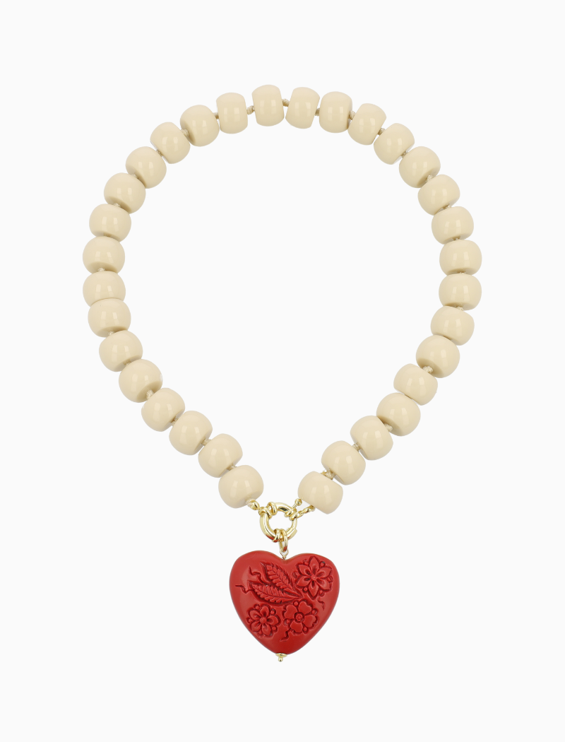 White Necklace Roundell Stones Red Heart