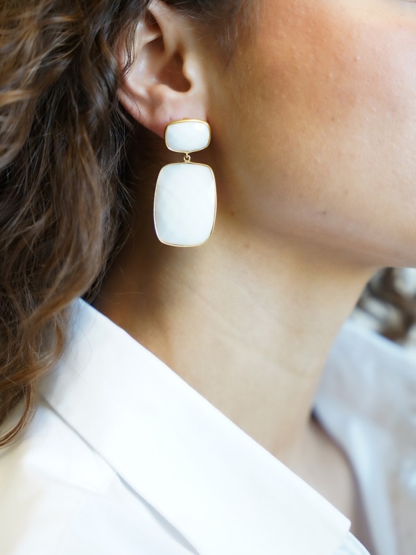 White Earrings Mint Quartz Square 