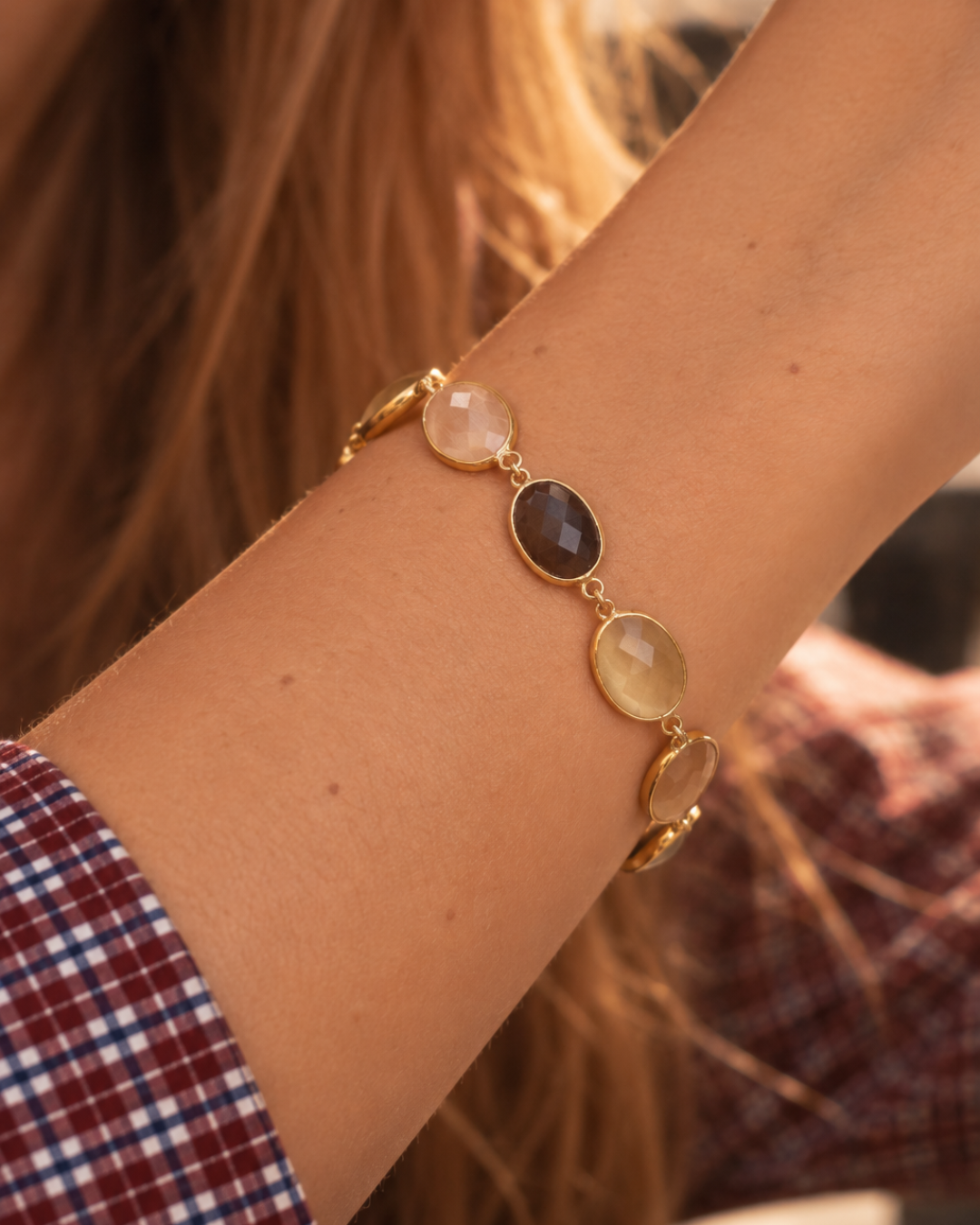 PRE-ORDER   Ann – Nine Framed Stones Armband – Champagne/Bruin Mix