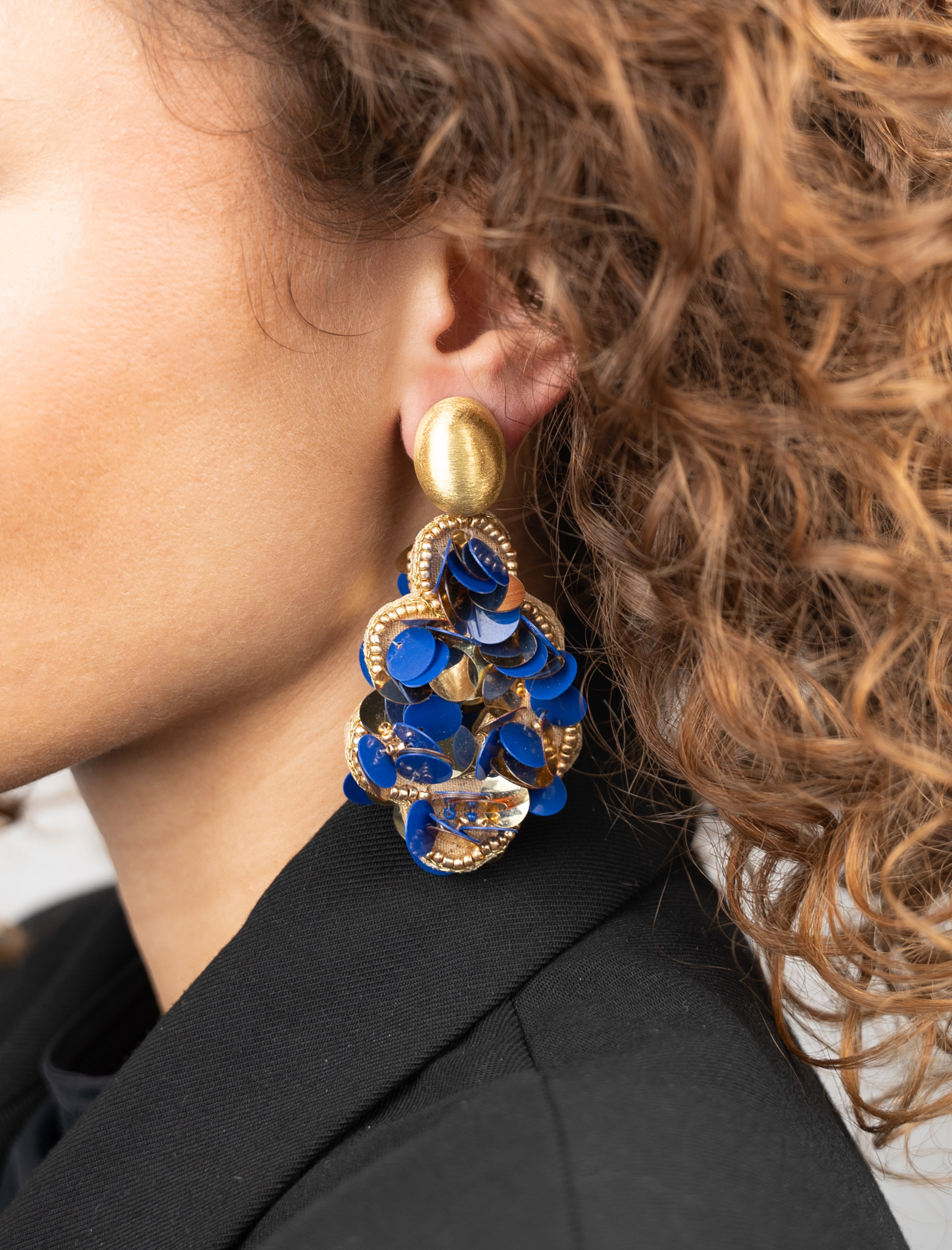 Blue Gold Colored Earrings Sequin Drop L