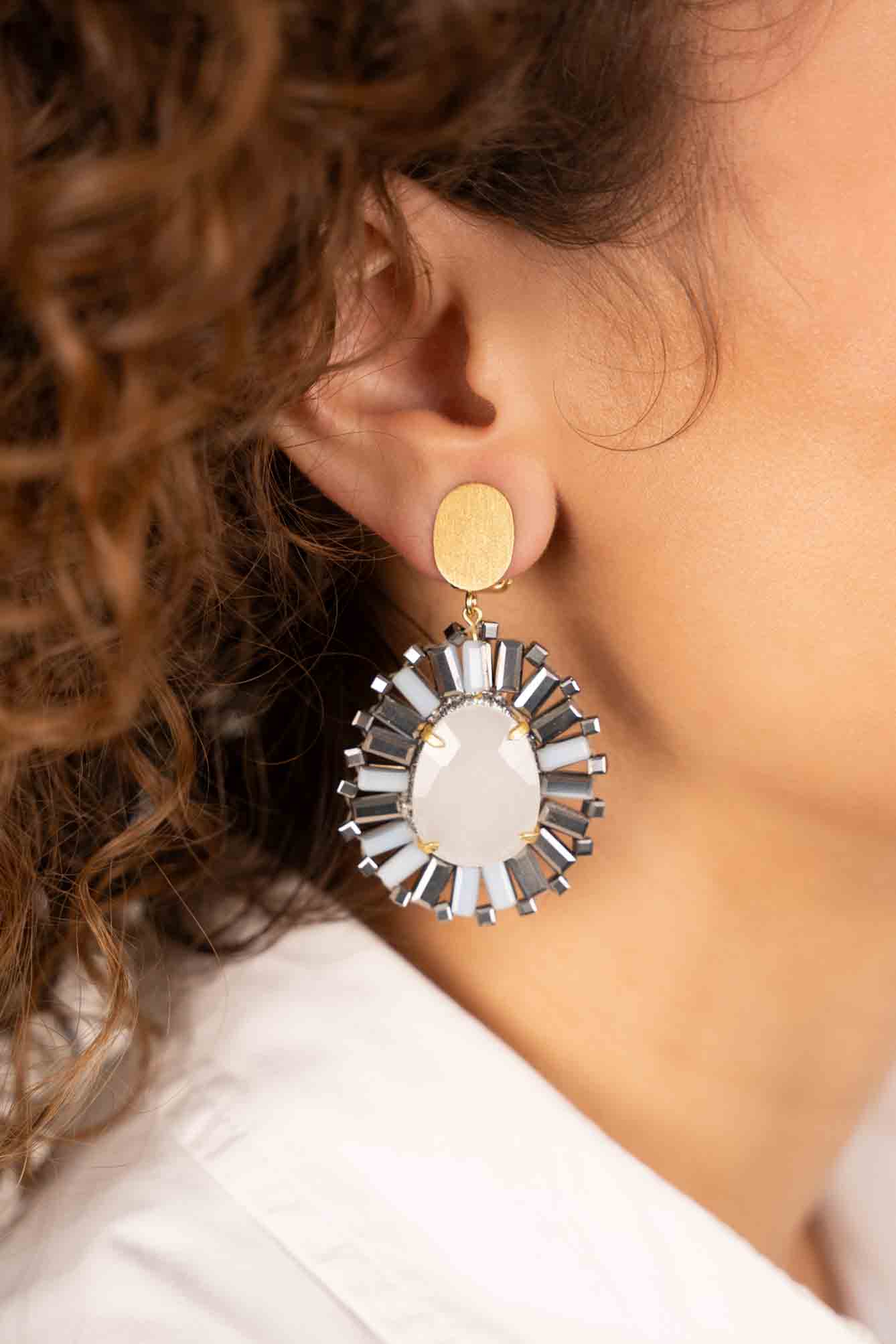 Silver White Earrings Esmee Teardrop S Stone Clip