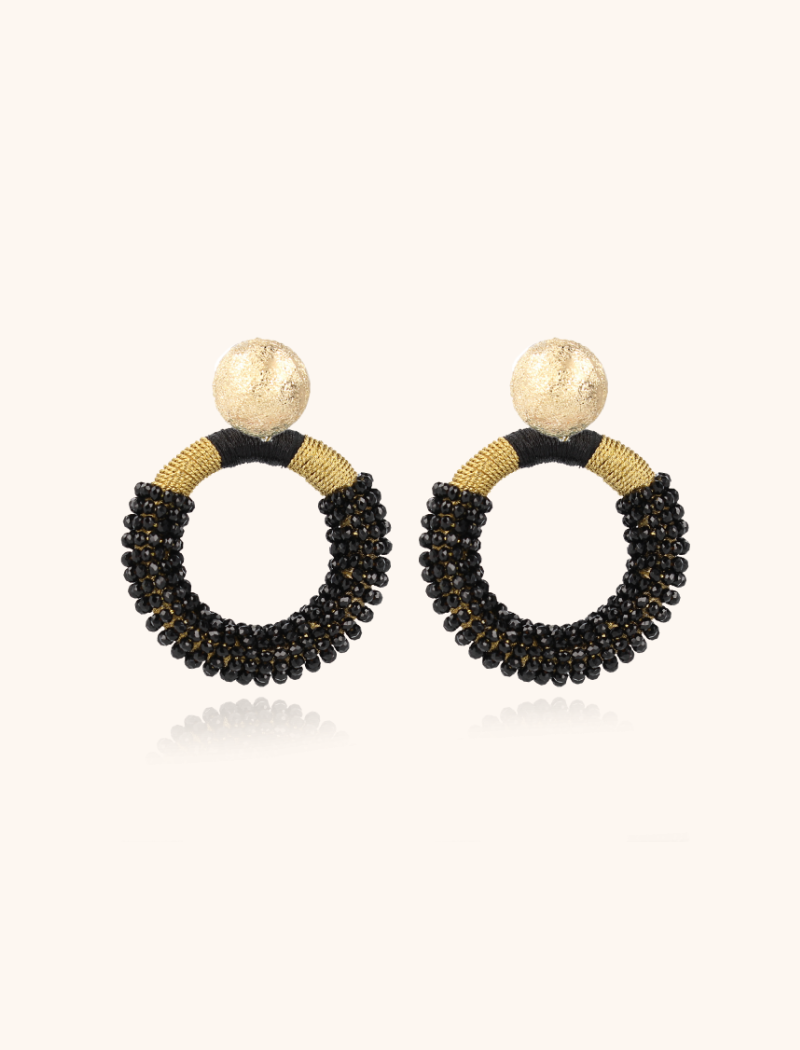 Black  glassberry silk round combi earrings