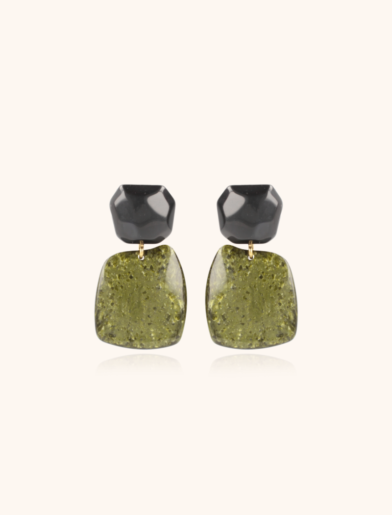 Marble Donker Groen Oorbellen Square Rock Combi Zwart