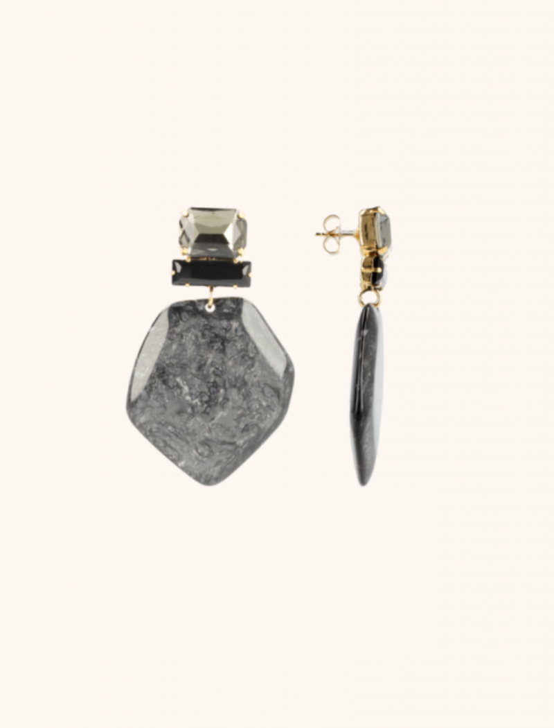 Marble Zwarte Oorbellen Simone Asymmetrisch Rock XL Strass