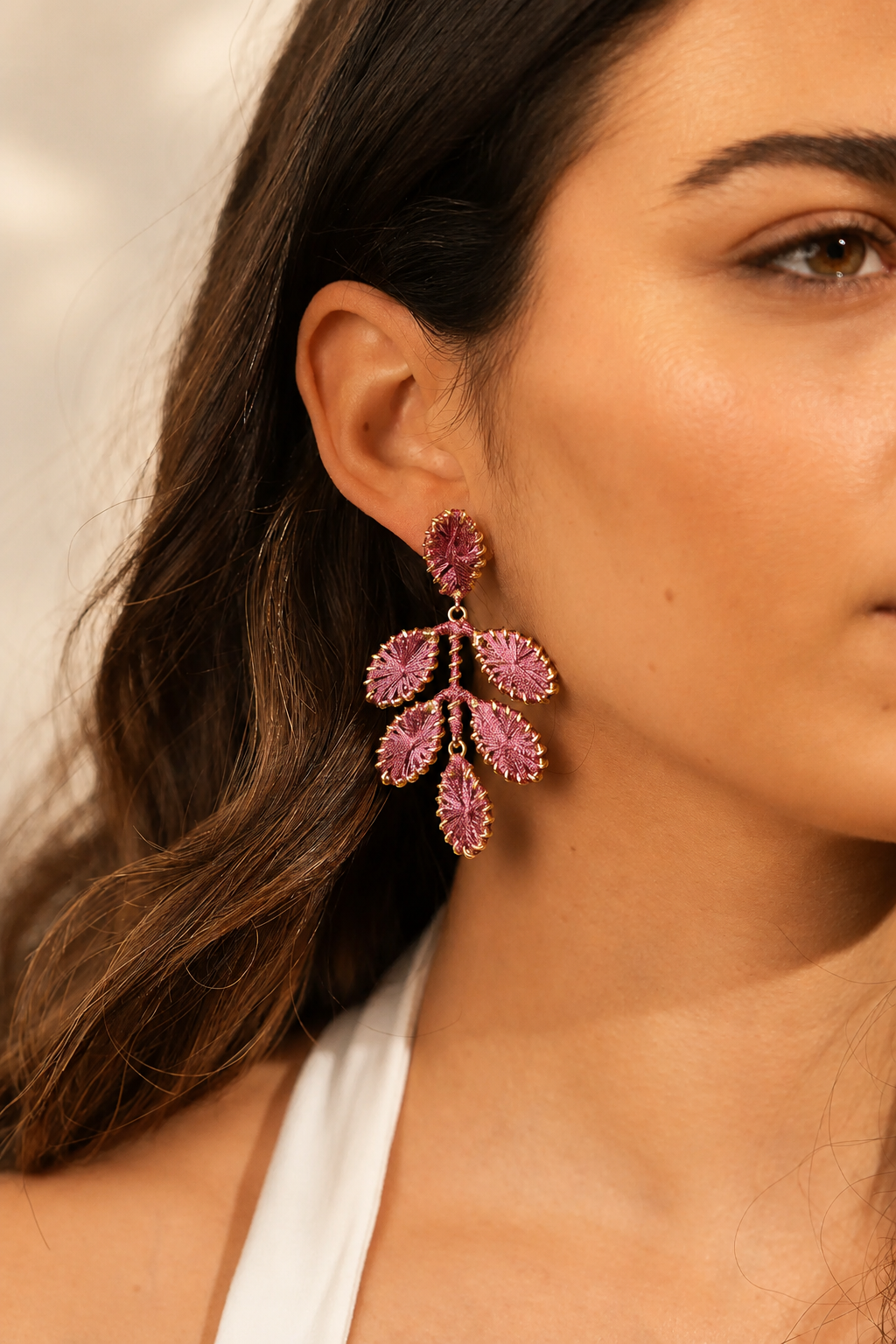 Dark Fuchsia Earrings Beatrice Flower Leafs M