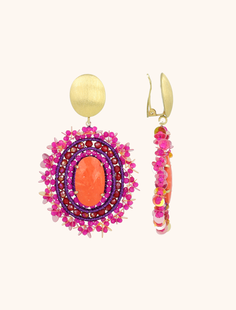 Fuchsia Oorbellen Venna Filled Oval with Sequins L Clip