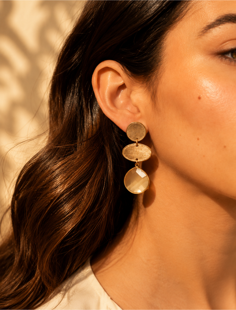 Golden Colored Beige Earrings Camilla Triple Element with Drop M