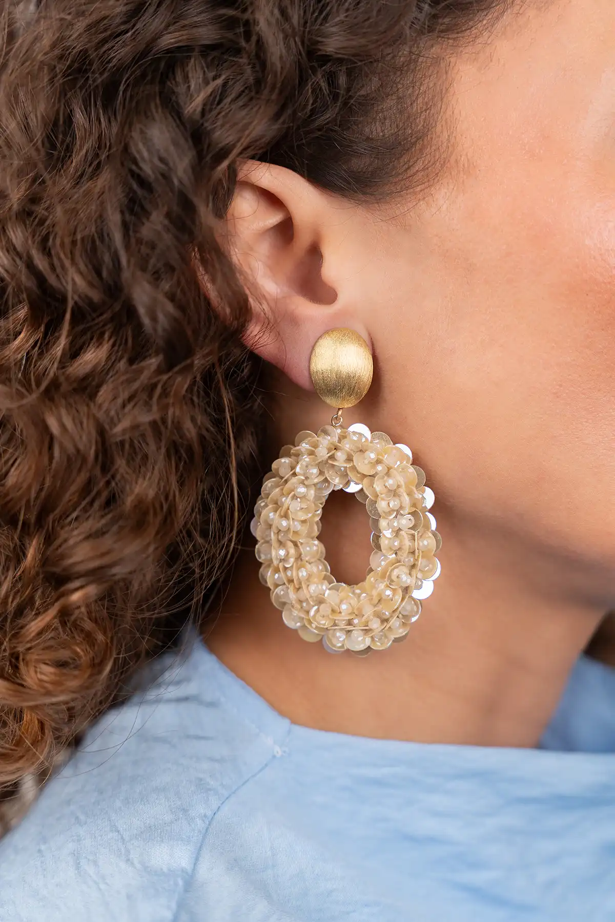 Beige Oorbellen Jace Open Oval w/ Beads L Clip