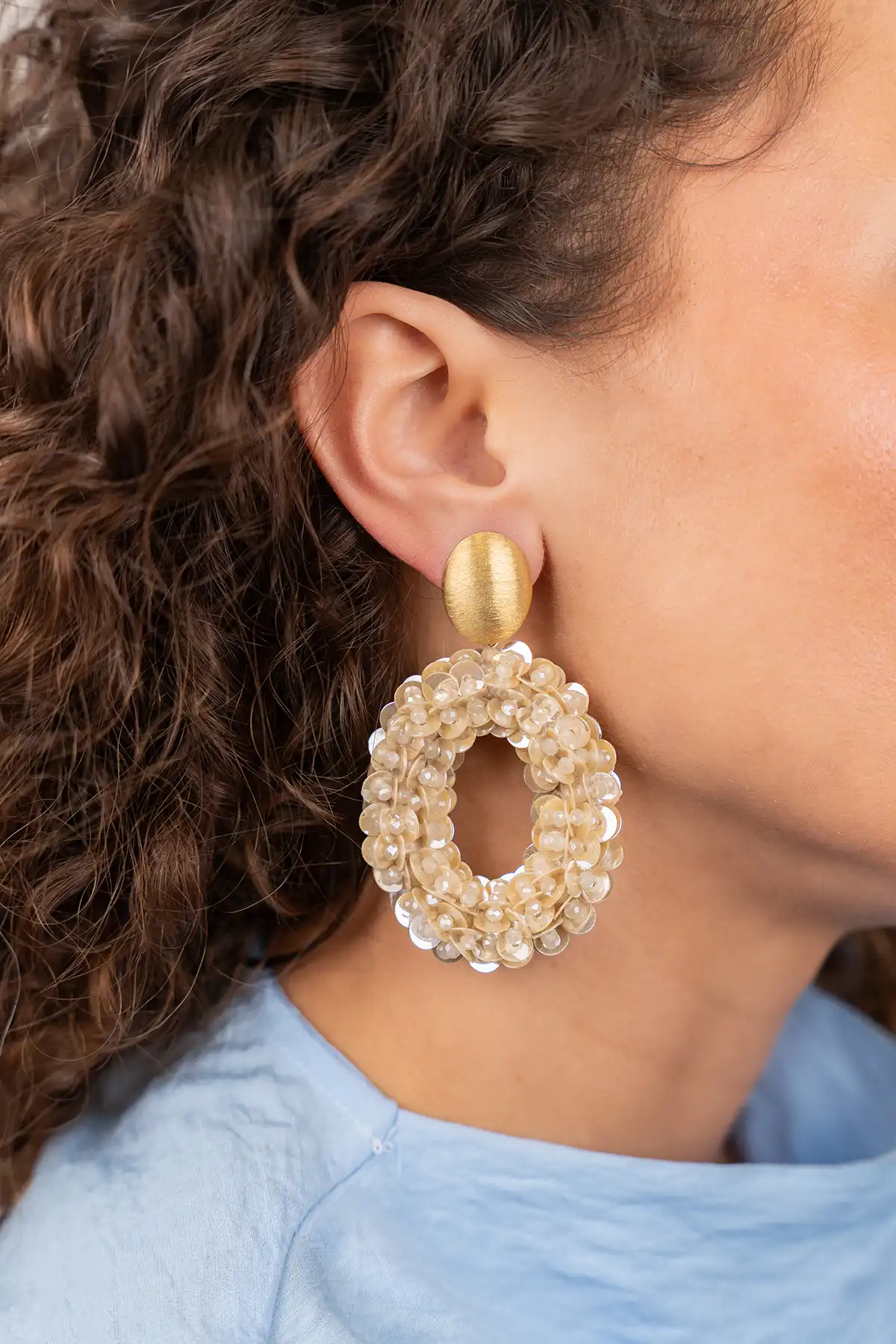Beige Oorbellen Jace Open Oval w/ Beads L