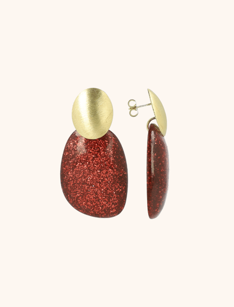 Red Glitter Earrings Little Sara Asymmetrical Oval S